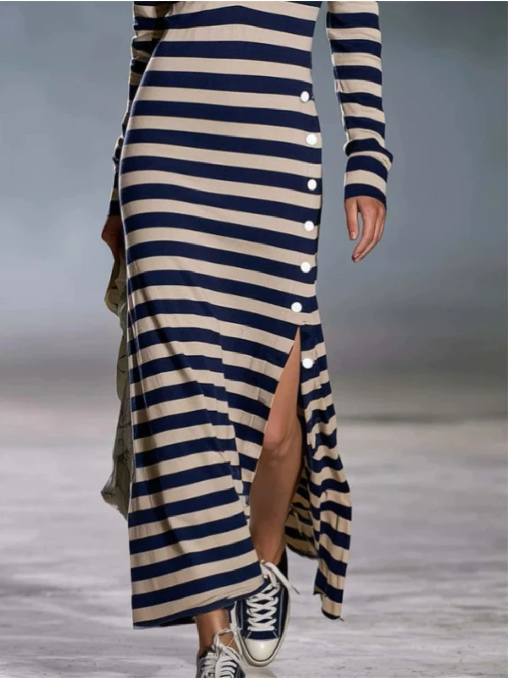 H&M  Retro Navy Stripe Collar Slit Maxi Dress